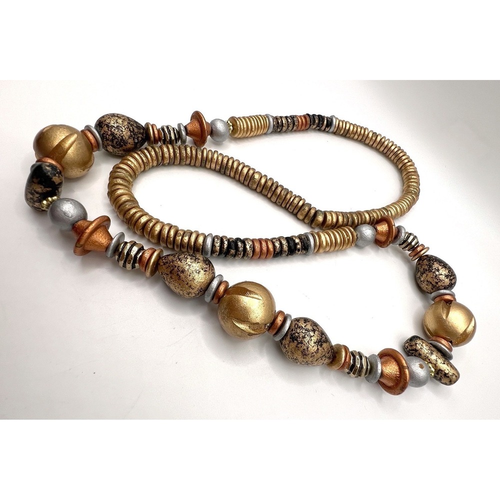 Chunky Mixed Metal Beaded Necklace Gold Copper Black 30" Stretch Statement